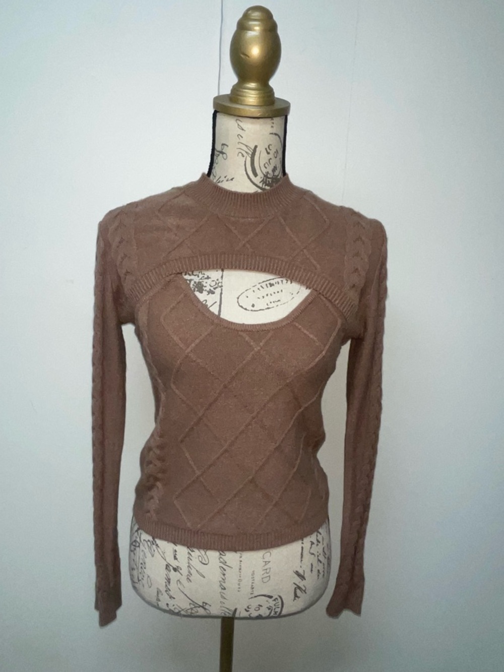 moon & madison Brown Cutout Cable-Knit Crewneck Sweater